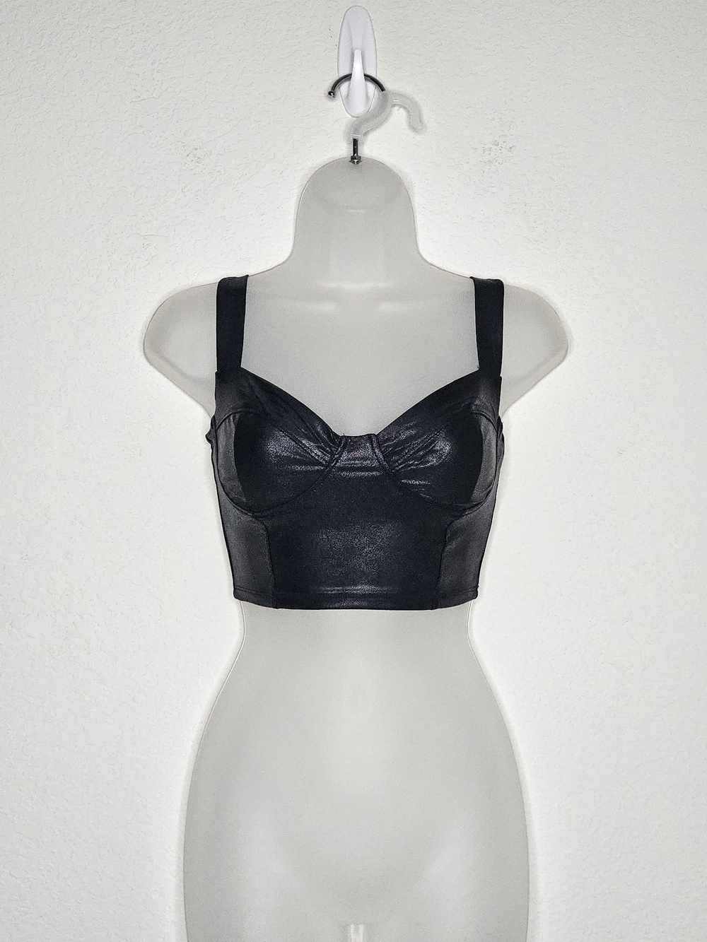 Naked Wardrobe Black Faux Leather Bustier Crop Top XS Shiny Corset Style